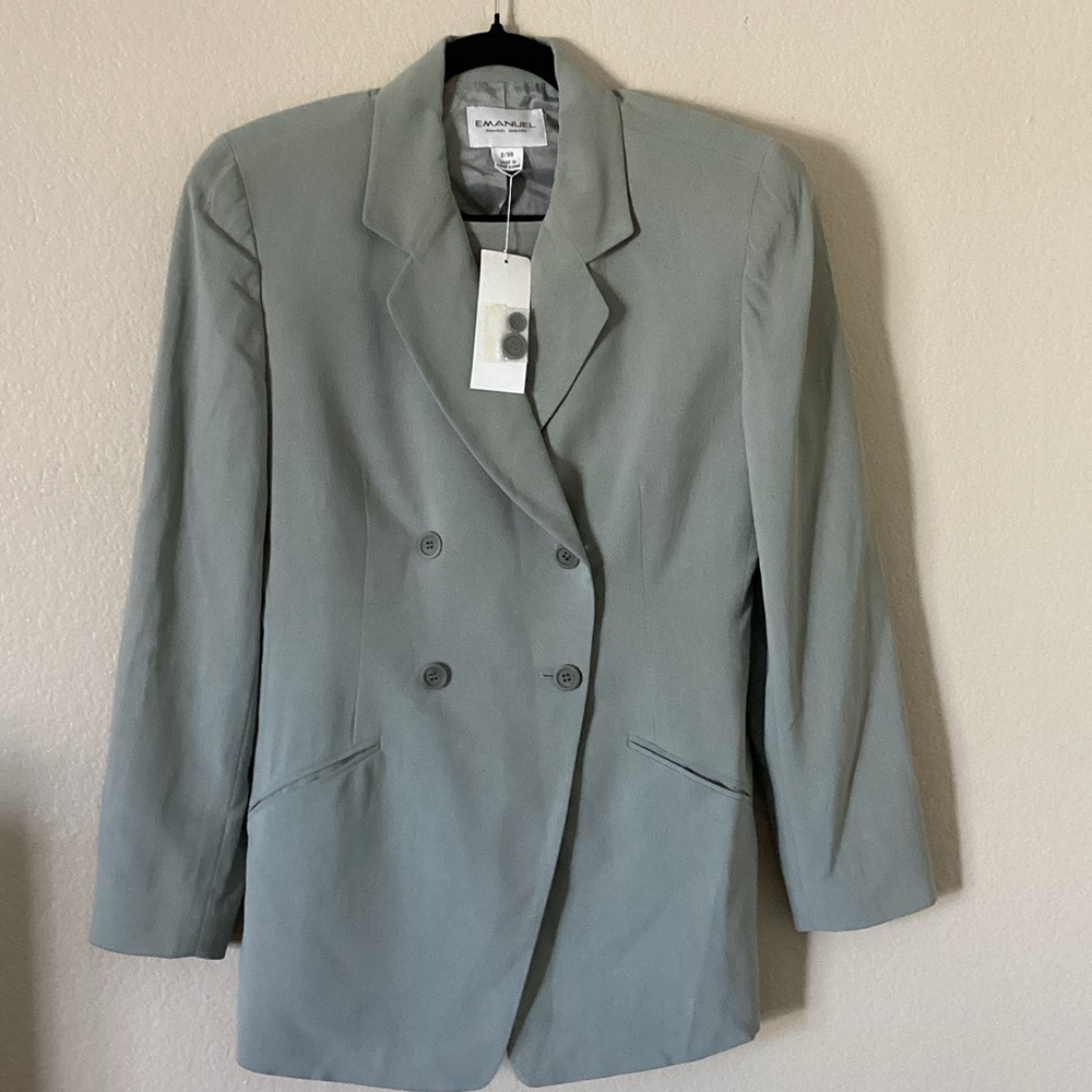 Emanuel Ungaro Elegant Grayish Blue Jacket, Pencil Skirt and Dress Pants 3 Piece
